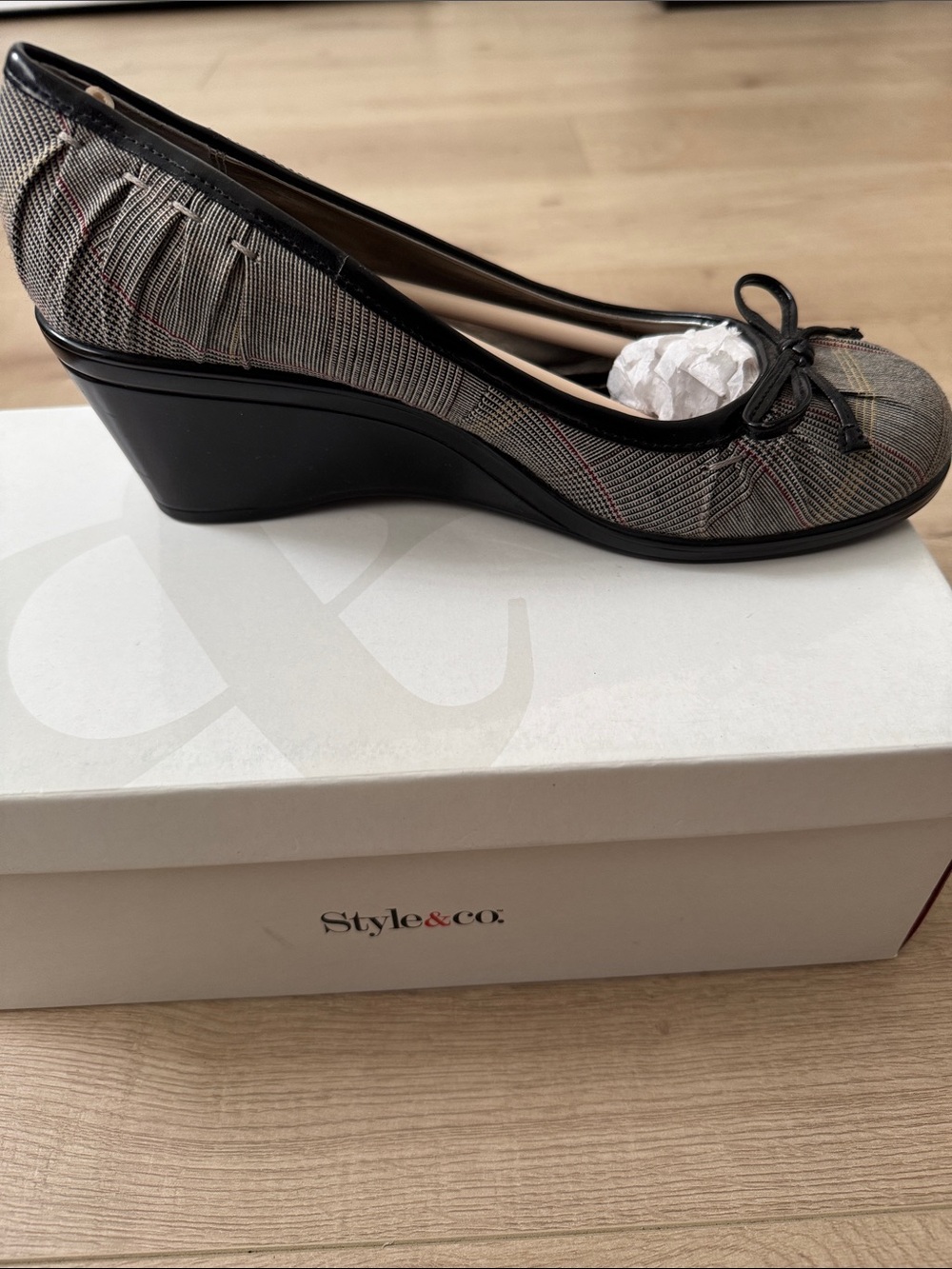 Style & Co. Gray Plaid Wedge Ballet Flats with Black Trim
